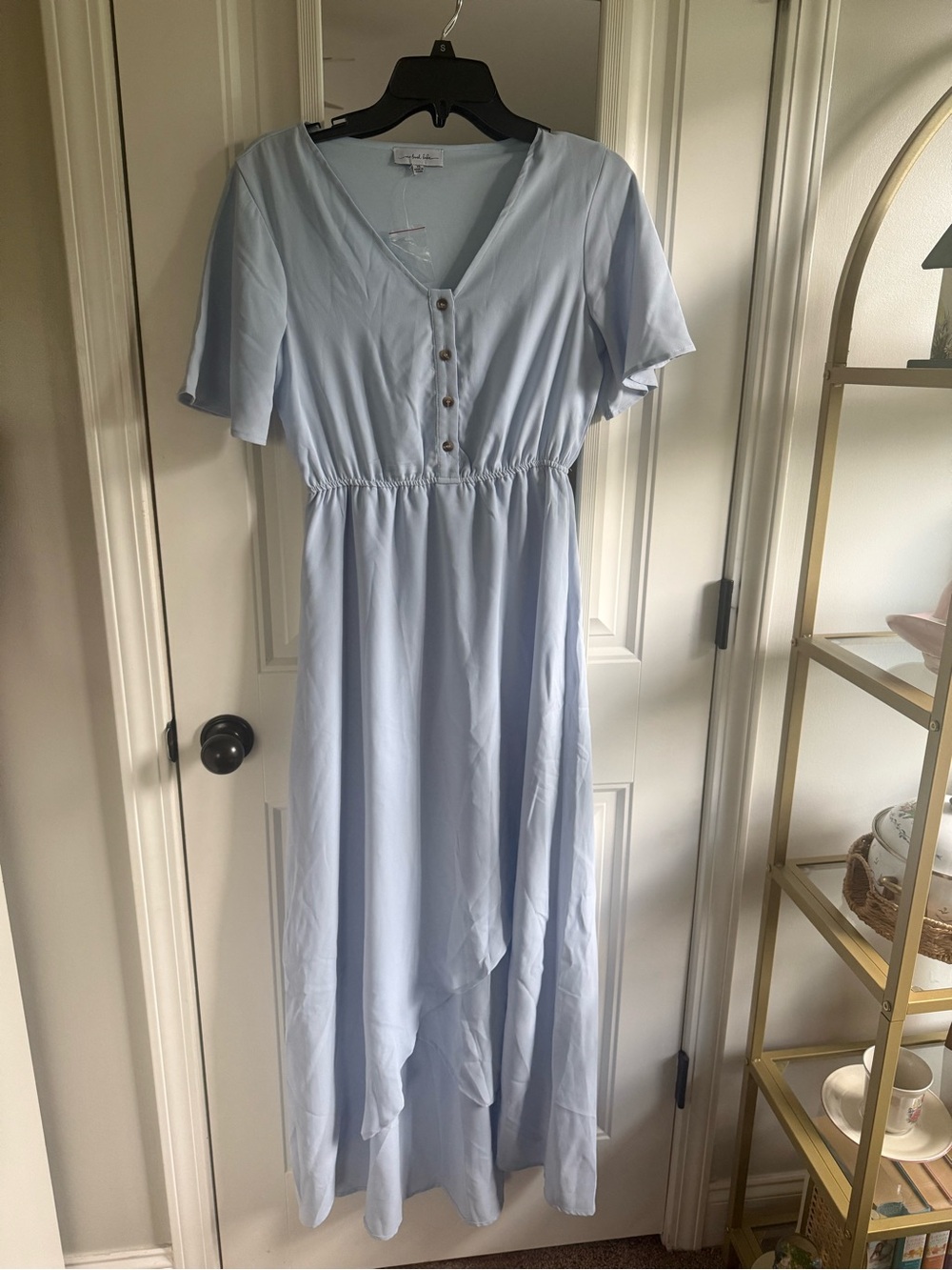 Light Blue V-Neck High-Low Maxi Dress with Button Front - Unbranded